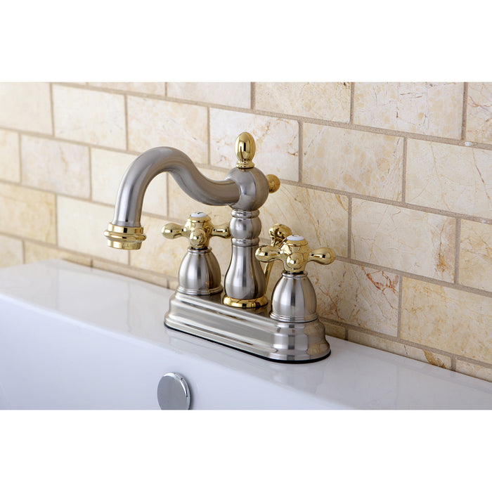 Heritage KB1609AX Two-Handle 3-Hole Deck Mount 4" Centerset Bathroom Faucet with Plastic Pop-Up, Brushed Nickel/Polished Brass