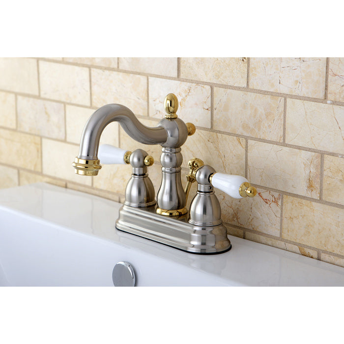 Heritage KB1609PL Two-Handle 3-Hole Deck Mount 4" Centerset Bathroom Faucet with Plastic Pop-Up, Brushed Nickel/Polished Brass