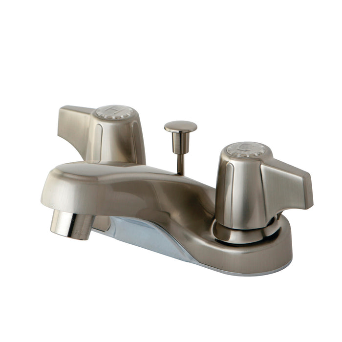 Americana KB160SN Two-Handle 3-Hole Deck Mount 4" Centerset Bathroom Faucet with Plastic Pop-Up, Brushed Nickel