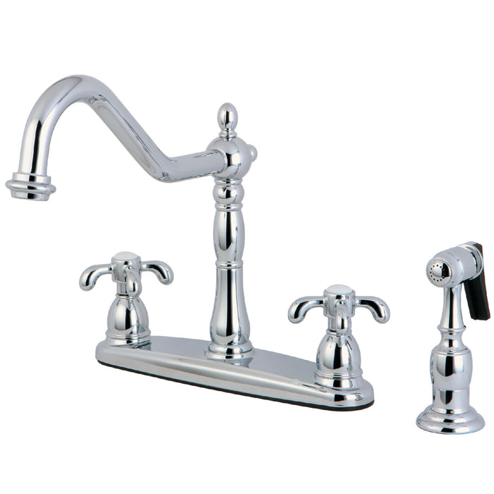 French Country KB1751TXBS Two-Handle 4-Hole Deck Mount 8" Centerset Kitchen Faucet with Side Sprayer, Polished Chrome