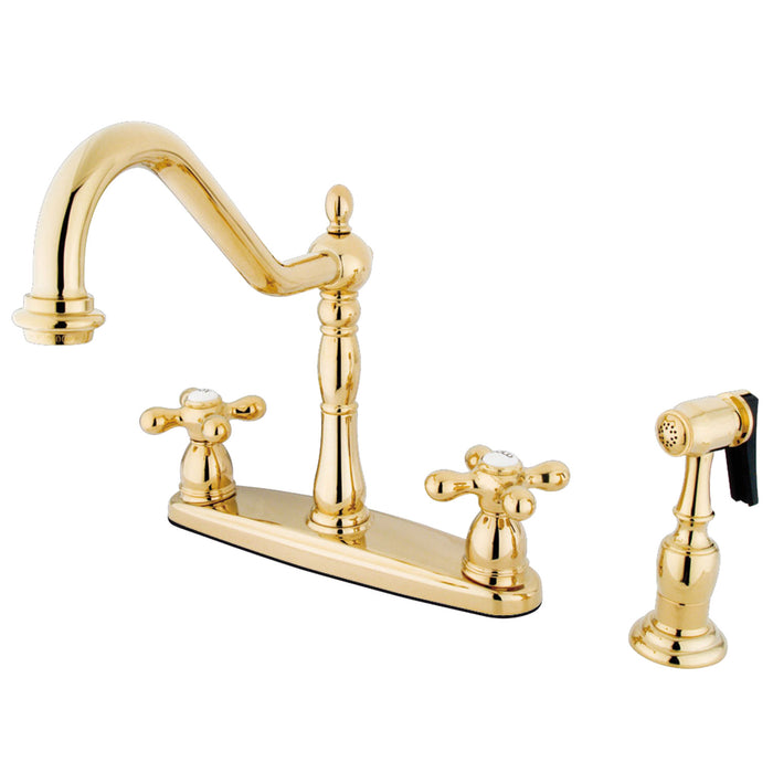 Heritage KB1752AXBS Two-Handle 4-Hole Deck Mount 8" Centerset Kitchen Faucet with Side Sprayer, Polished Brass