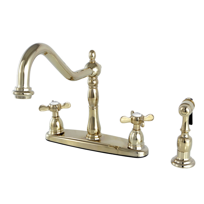 Essex KB1752BEXBS Two-Handle 4-Hole Deck Mount 8" Centerset Kitchen Faucet with Side Sprayer, Polished Brass