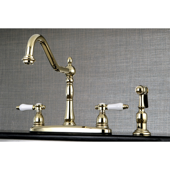 Bel-Air KB1752BPLBS Two-Handle 4-Hole Deck Mount 8" Centerset Kitchen Faucet with Side Sprayer, Polished Brass