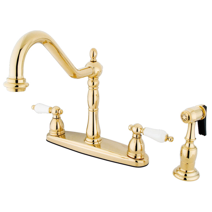 Heritage KB1752PLBS Two-Handle 4-Hole Deck Mount 8" Centerset Kitchen Faucet with Side Sprayer, Polished Brass