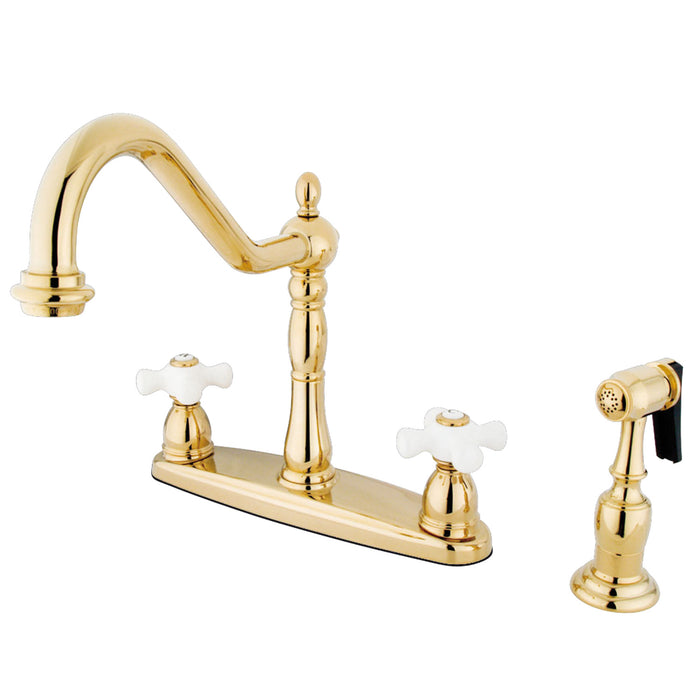 Heritage KB1752PXBS Two-Handle 4-Hole Deck Mount 8" Centerset Kitchen Faucet with Side Sprayer, Polished Brass