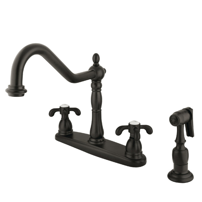 French Country KB1755TXBS Two-Handle 4-Hole Deck Mount 8" Centerset Kitchen Faucet with Side Sprayer, Oil Rubbed Bronze