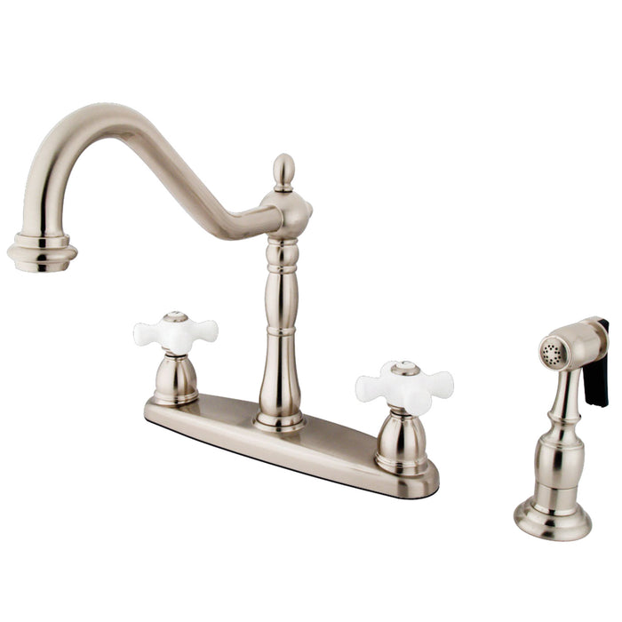 Heritage KB1758PXBS Two-Handle 4-Hole Deck Mount 8" Centerset Kitchen Faucet with Side Sprayer, Brushed Nickel