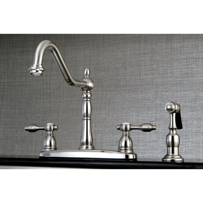 Tudor KB1758TALBS Two-Handle 4-Hole Deck Mount 8" Centerset Kitchen Faucet with Side Sprayer, Brushed Nickel