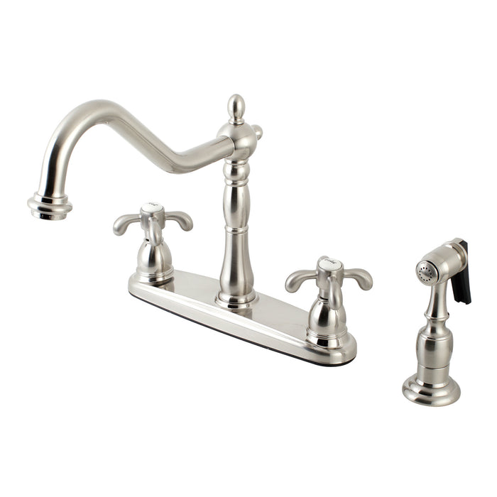 French Country KB1758TXBS Two-Handle 4-Hole Deck Mount 8" Centerset Kitchen Faucet with Side Sprayer, Brushed Nickel