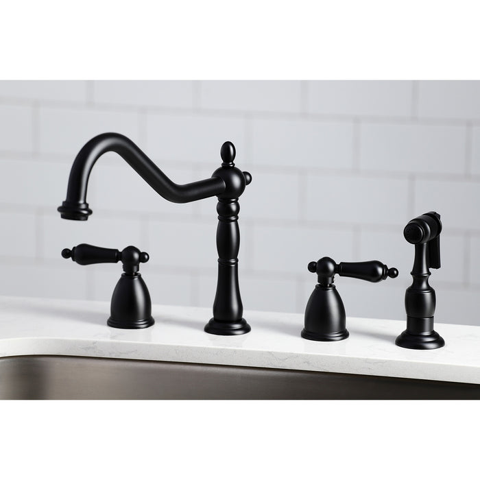 Heritage KB1790ALBS Two-Handle 4-Hole Deck Mount Widespread Kitchen Faucet with Brass Sprayer, Matte Black