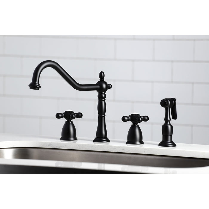 Heritage KB1790AXBS Two-Handle 4-Hole Deck Mount Widespread Kitchen Faucet with Brass Sprayer, Matte Black