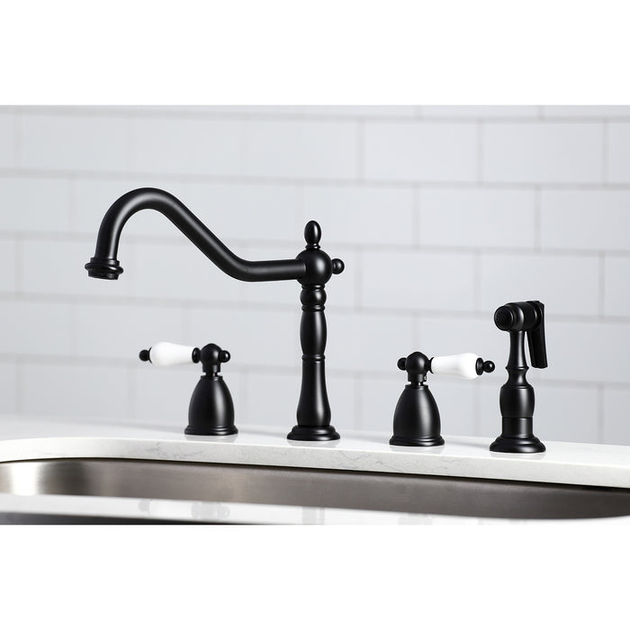 Heritage KB1790PLBS Two-Handle 4-Hole Deck Mount Widespread Kitchen Faucet with Brass Sprayer, Matte Black