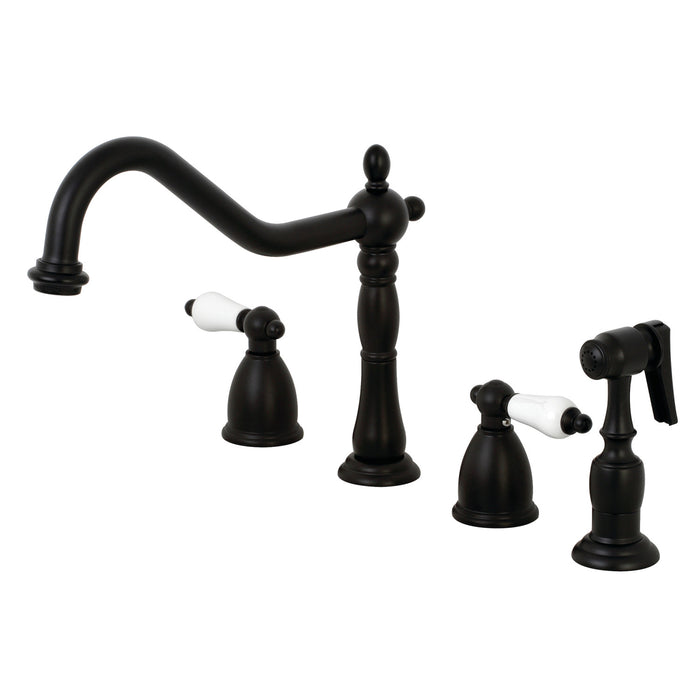 Heritage KB1790PLBS Two-Handle 4-Hole Deck Mount Widespread Kitchen Faucet with Brass Sprayer, Matte Black