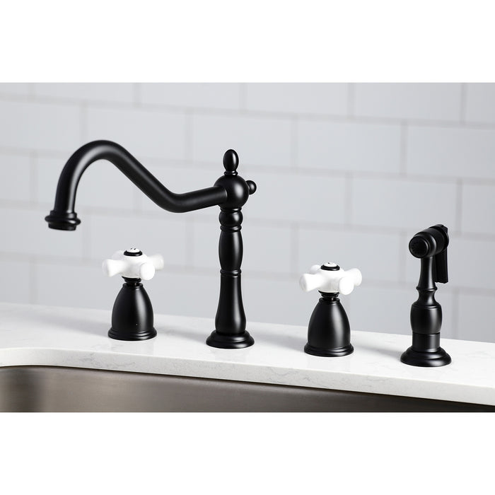 Heritage KB1790PXBS Two-Handle 4-Hole Deck Mount Widespread Kitchen Faucet with Brass Sprayer, Matte Black