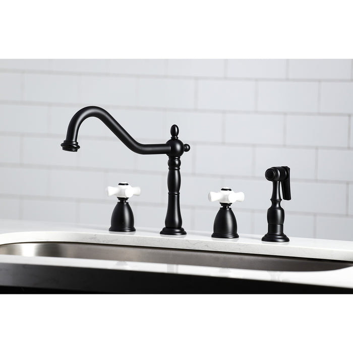 Heritage KB1790PXBS Two-Handle 4-Hole Deck Mount Widespread Kitchen Faucet with Brass Sprayer, Matte Black