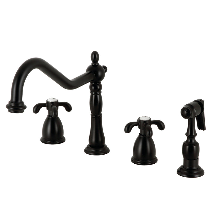 French Country KB1790TXBS Two-Handle 4-Hole Deck Mount Widespread Kitchen Faucet with Brass Sprayer, Matte Black