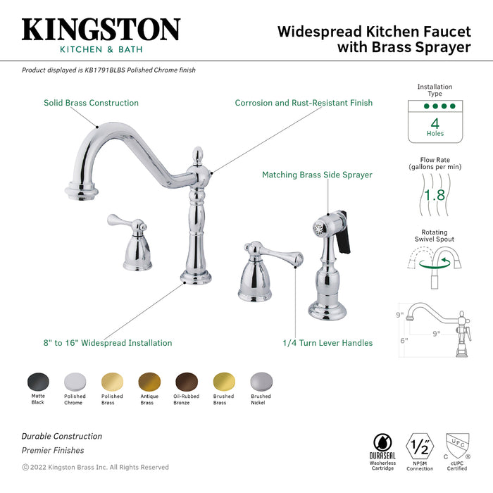 Heritage KB1791BLBS Two-Handle 4-Hole Deck Mount Widespread Kitchen Faucet with Brass Sprayer, Polished Chrome