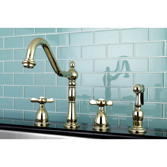 Essex KB1792BEXBS Two-Handle 4-Hole Deck Mount Widespread Kitchen Faucet with Brass Sprayer, Polished Brass