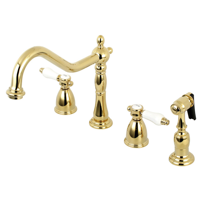Bel-Air KB1792BPLBS Two-Handle 4-Hole Deck Mount Widespread Kitchen Faucet with Brass Sprayer, Polished Brass