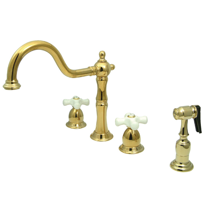 Heritage KB1792PXBS Two-Handle 4-Hole Deck Mount Widespread Kitchen Faucet with Brass Sprayer, Polished Brass