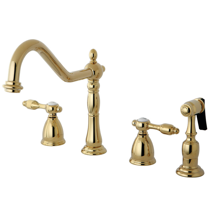 Tudor KB1792TALBS Two-Handle 4-Hole Deck Mount Widespread Kitchen Faucet with Brass Sprayer, Polished Brass