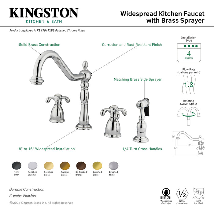 French Country KB1792TXBS Two-Handle 4-Hole Deck Mount Widespread Kitchen Faucet with Brass Sprayer, Polished Brass