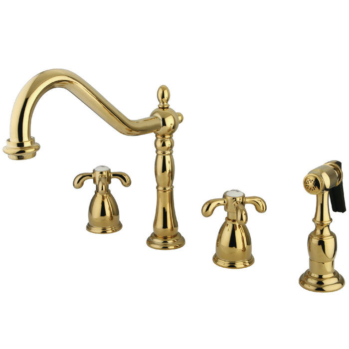 French Country KB1792TXBS Two-Handle 4-Hole Deck Mount Widespread Kitchen Faucet with Brass Sprayer, Polished Brass