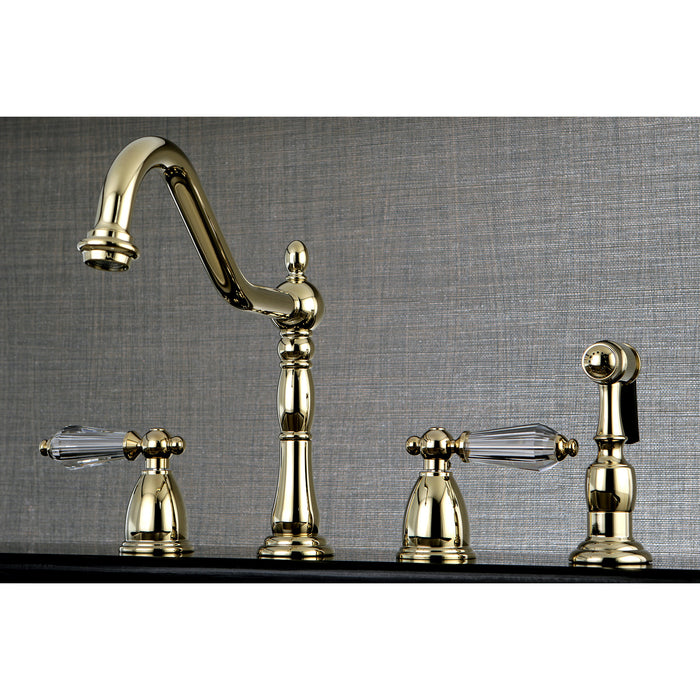 Wilshire KB1792WLLBS Two-Handle 4-Hole Deck Mount Widespread Kitchen Faucet with Brass Sprayer, Polished Brass