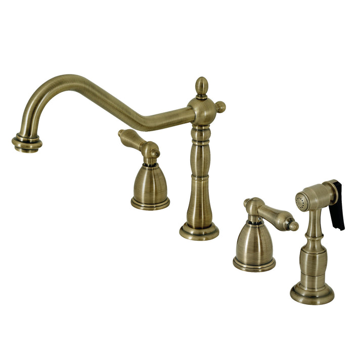 Heritage KB1793ALBS Two-Handle 4-Hole Deck Mount Widespread Kitchen Faucet with Brass Sprayer, Antique Brass