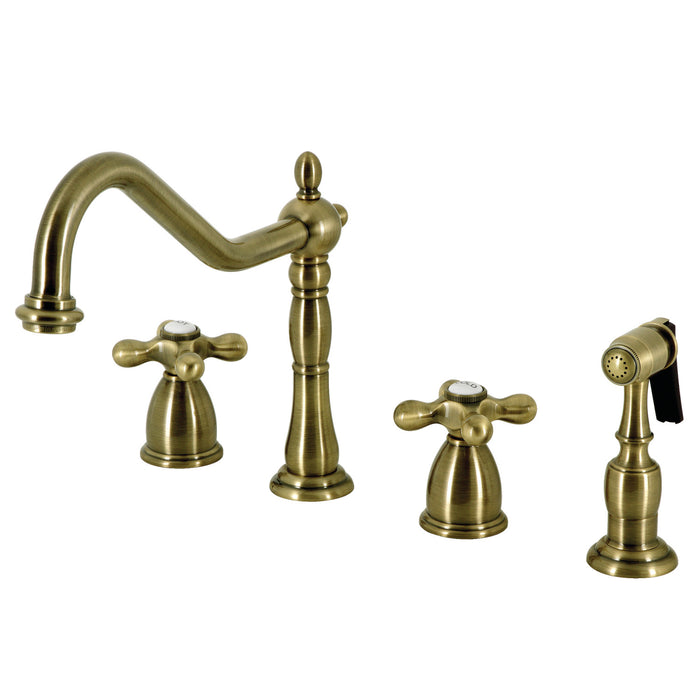 Heritage KB1793AXBS Two-Handle 4-Hole Deck Mount Widespread Kitchen Faucet with Brass Sprayer, Antique Brass