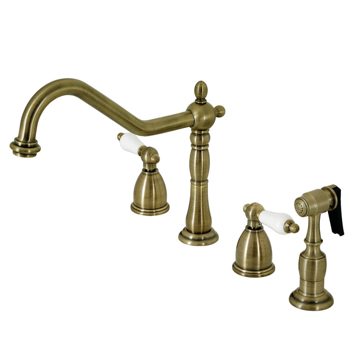 Heritage KB1793PLBS Two-Handle 4-Hole Deck Mount Widespread Kitchen Faucet with Brass Sprayer, Antique Brass