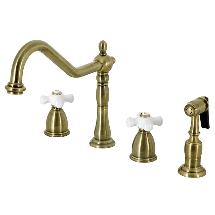 Heritage KB1793PXBS Two-Handle 4-Hole Deck Mount Widespread Kitchen Faucet with Brass Sprayer, Antique Brass