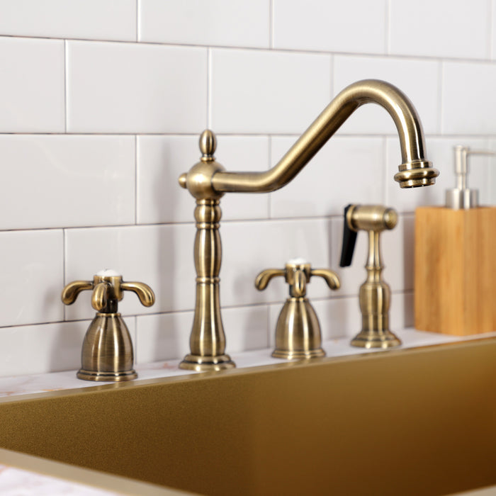 Kingston Heirloom KB1793TXBS - French Country Double-Handle 4-Hole Widespread Kitchen Faucet with Brass Sprayer, Antique Brass