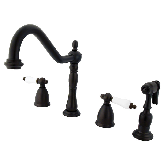 Heritage KB1795PLBS Two-Handle 4-Hole Deck Mount Widespread Kitchen Faucet with Brass Sprayer, Oil Rubbed Bronze