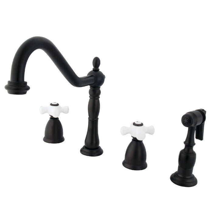 Heritage KB1795PXBS Two-Handle 4-Hole Deck Mount Widespread Kitchen Faucet with Brass Sprayer, Oil Rubbed Bronze