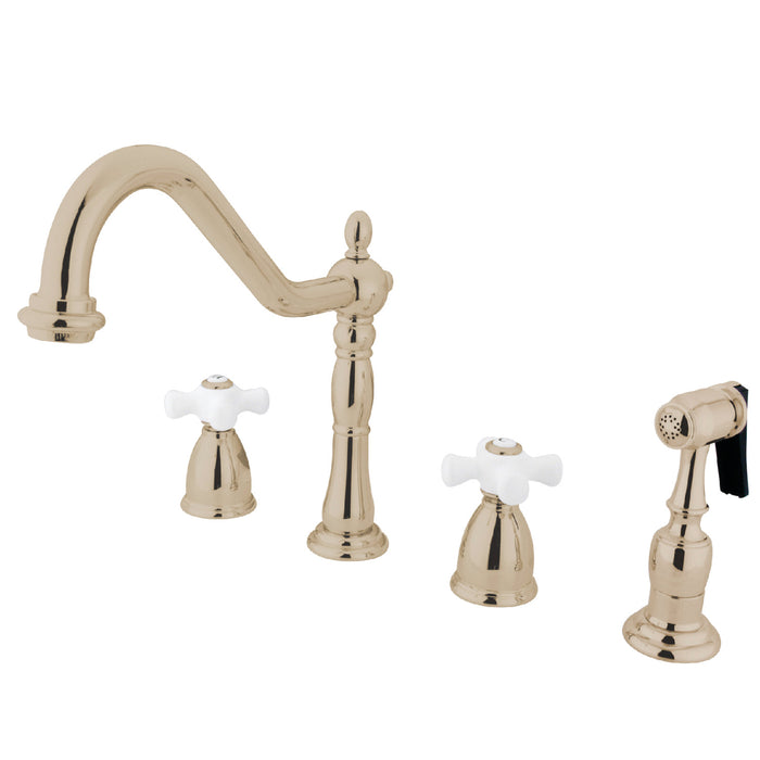 Heritage KB1796PXBS Two-Handle 4-Hole Deck Mount Widespread Kitchen Faucet with Brass Sprayer, Polished Nickel