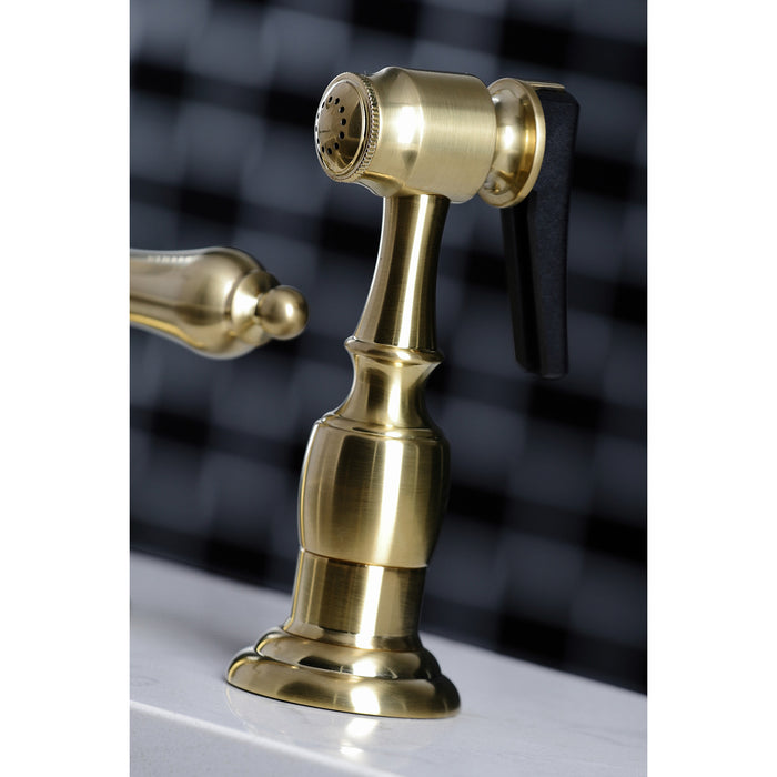Heritage KB1797ALBS Two-Handle 4-Hole Deck Mount Widespread Kitchen Faucet with Brass Sprayer, Brushed Brass
