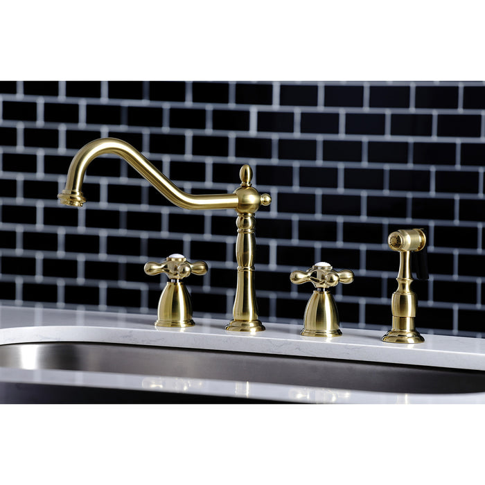 Heritage KB1797AXBS Two-Handle 4-Hole Deck Mount Widespread Kitchen Faucet with Brass Sprayer, Brushed Brass