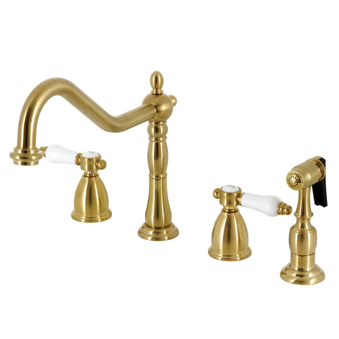 Bel-Air KB1797BPLBS Two-Handle 4-Hole Deck Mount Widespread Kitchen Faucet with Brass Sprayer, Brushed Brass
