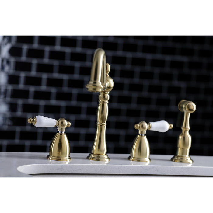 Heritage KB1797PLBS Two-Handle 4-Hole Deck Mount Widespread Kitchen Faucet with Brass Sprayer, Brushed Brass