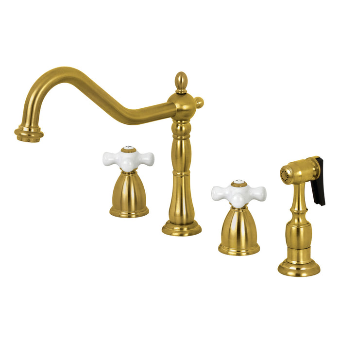 Heritage KB1797PXBS Two-Handle 4-Hole Deck Mount Widespread Kitchen Faucet with Brass Sprayer, Brushed Brass