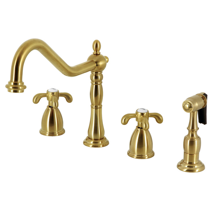 French Country KB1797TXBS Two-Handle 4-Hole Deck Mount Widespread Kitchen Faucet with Brass Sprayer, Brushed Brass