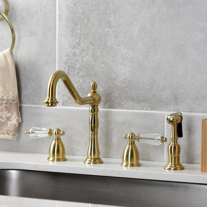 Wilshire KB1797WLLBS Two-Handle 4-Hole Deck Mount Widespread Kitchen Faucet with Brass Sprayer, Brushed Brass
