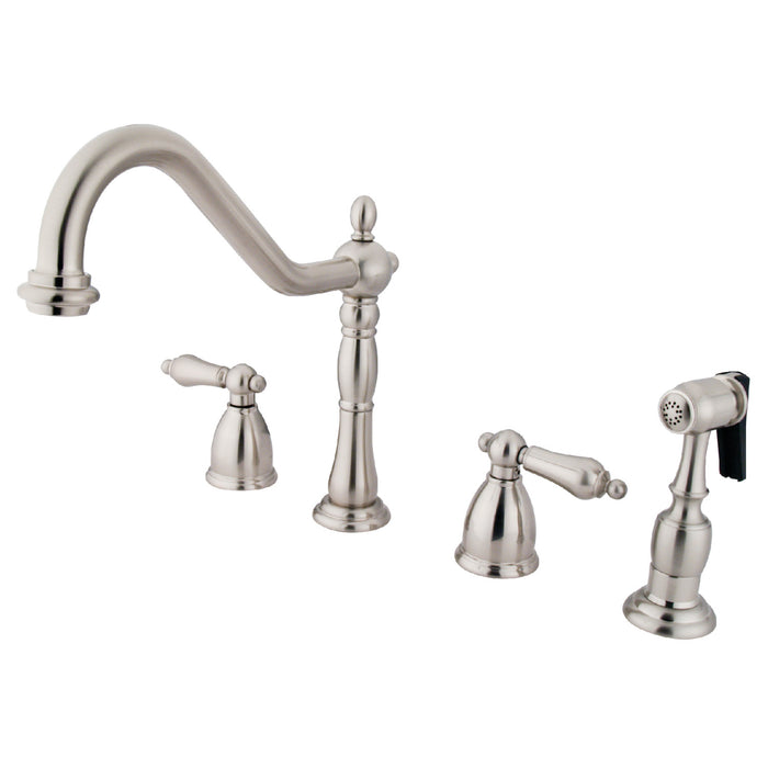 Heritage KB1798ALBS Two-Handle 4-Hole Deck Mount Widespread Kitchen Faucet with Brass Sprayer, Brushed Nickel