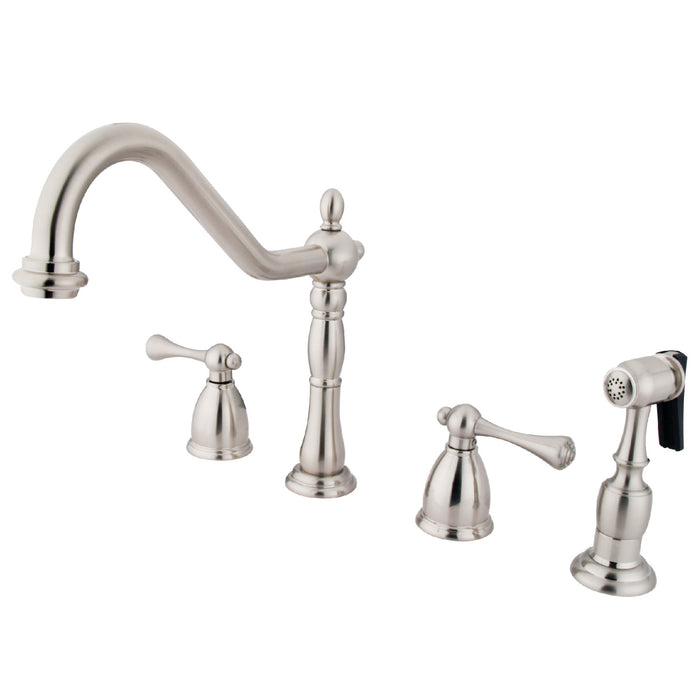 Heritage KB1798BLBS Two-Handle 4-Hole Deck Mount Widespread Kitchen Faucet with Brass Sprayer, Brushed Nickel