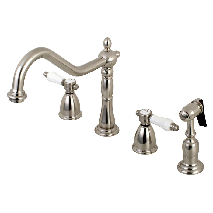 Bel-Air KB1798BPLBS Two-Handle 4-Hole Deck Mount Widespread Kitchen Faucet with Brass Sprayer, Brushed Nickel