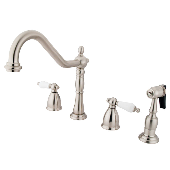 Heritage KB1798PLBS Two-Handle 4-Hole Deck Mount Widespread Kitchen Faucet with Brass Sprayer, Brushed Nickel