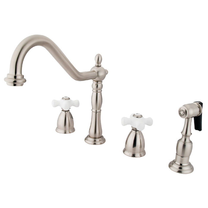 Heritage KB1798PXBS Two-Handle 4-Hole Deck Mount Widespread Kitchen Faucet with Brass Sprayer, Brushed Nickel
