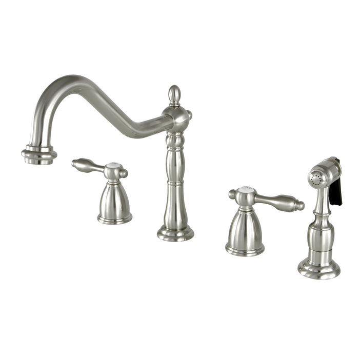 Tudor KB1798TALBS Two-Handle 4-Hole Deck Mount Widespread Kitchen Faucet with Brass Sprayer, Brushed Nickel