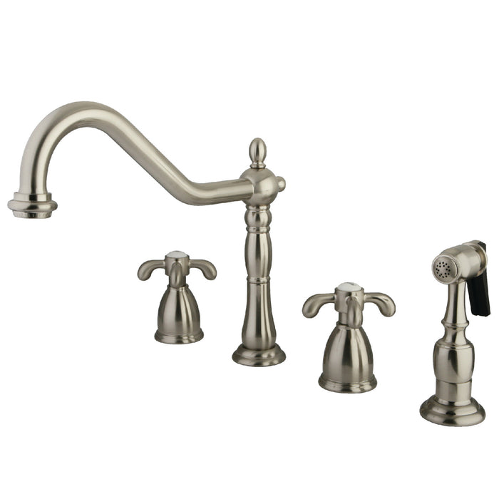 French Country KB1798TXBS Two-Handle 4-Hole Deck Mount Widespread Kitchen Faucet with Brass Sprayer, Brushed Nickel